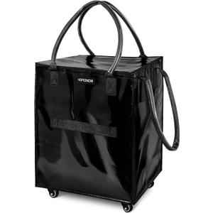 Reusable Grocery Bag on Wheels, Foldable Rolling Tote Bag with Wheels and Handle, Shopping Trolley Zipper Closure, Lightweight Black Bag Capacity Up to 66 lb, Black, Large