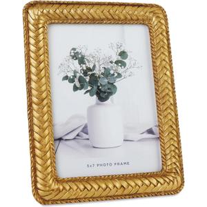 Cuspin 5x7 Gold Picture Frame, Ornate Decorative Rattan Resin Photo Frame, Gold Frames Braided Design for Tabletop Display or Wall Hanging, Elegant Home Decor