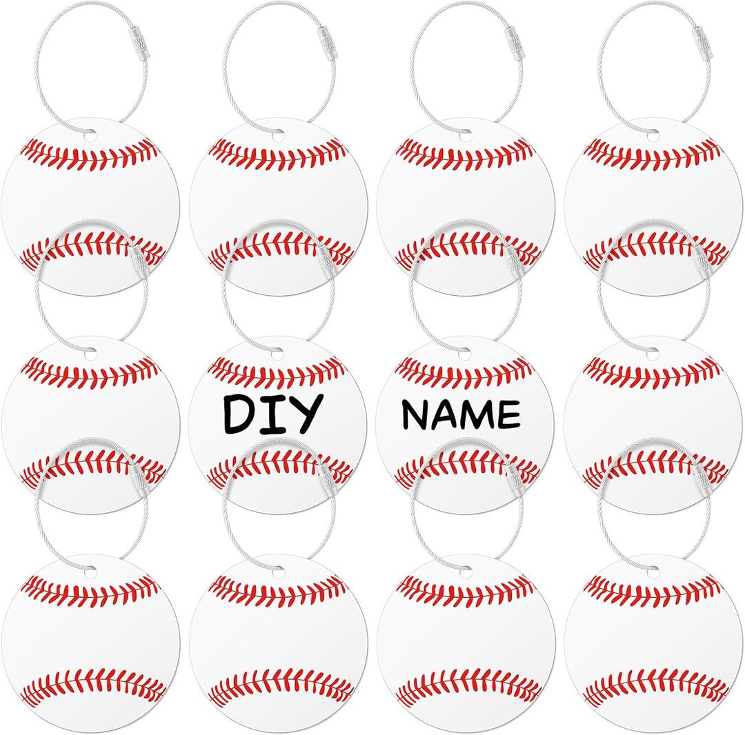 12 Pcs Baseball Luggage Tags for Suitcases Travel Suitcase Labels with Metal Ring 2.75in Baseball Keychain PVC Name Id and DIY Pocket Hug Card Backpack Charms for Men Women Travel Bag Suitcase