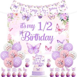 Butterfly Half Birthday Decoration Girl, It’s My 1/2 Birthday Decoration Butterfly Theme Backdrop Banner Cake Cupcake Topper Latex Balloon Purple for Flower Fairy 6 Months Party Supplies