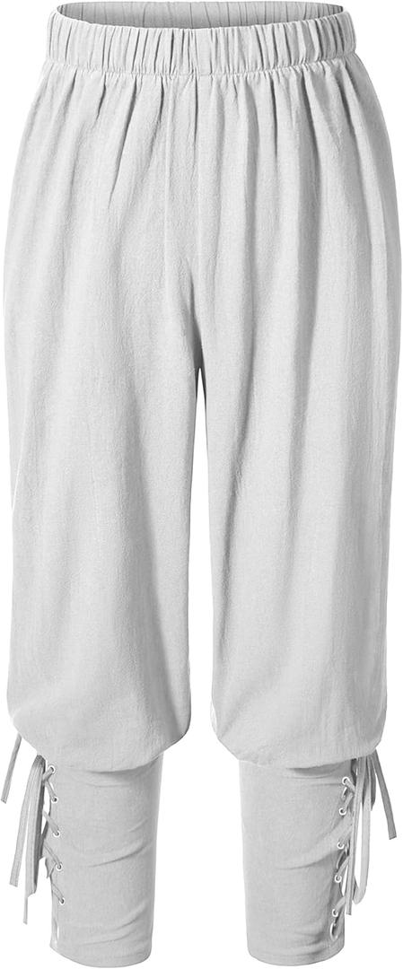 Kids Renaissance Ankle Banded Pirate Pants Medieval Viking Lace Up Tapered Trousers Halloween Costume (8-10 Years, White)
