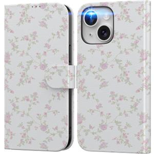 DEENAKIN for iPhone 15 Plus Wallet Case with Card Holder + Cash Clip, RFID-Blocking, Military-Grade Drop Protection & UV-Printed Artwork, Magnetic Closure with Leather Kickstand - Pink Petite Blossom
