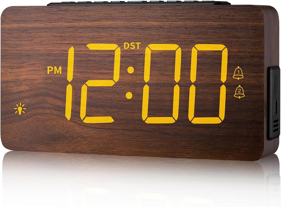 Wooden Digital Alarm Clock for Bedrooms - Extra Loud Alarm for Heavy Sleepers, Adjustable Volume & Brightness, DST, Dual Use as Desk/Wall Clock, Elegant Wood Decor for Home & Office