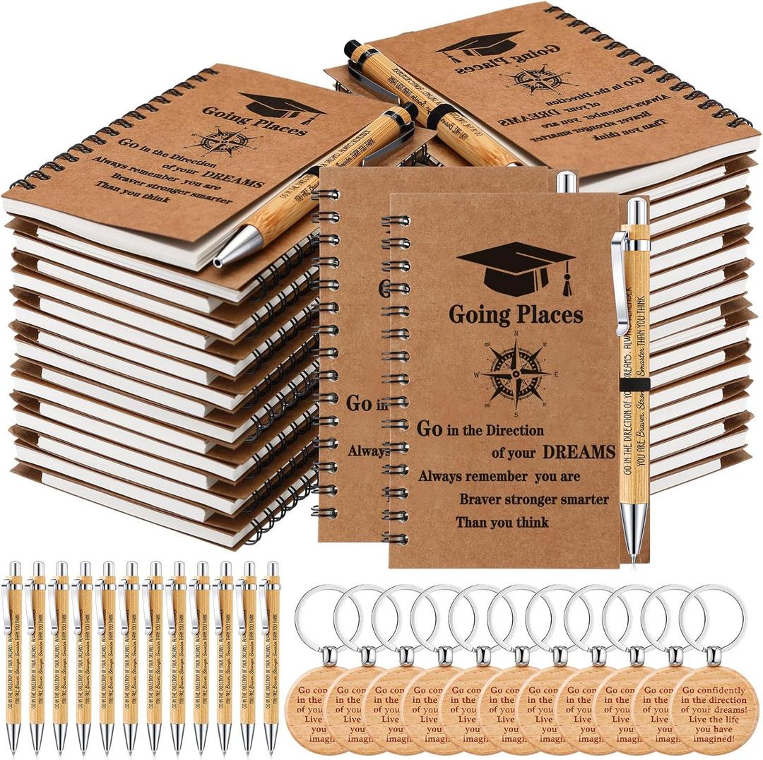 Gueevin 50 Set 2025 Inspirational Graduation Gift Bulk Spiral Kraft Notebooks Bamboo Ballpoint Pens Keychains for College Graduate Teacher Student Employee Coworker Appreciation Gift