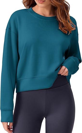 PINSPARK Soft Crewneck Cropped Sweatshirt for Women Long Sleeve Relaxed Lightweight Basic Crop Tops 2025 (Small, Teal)