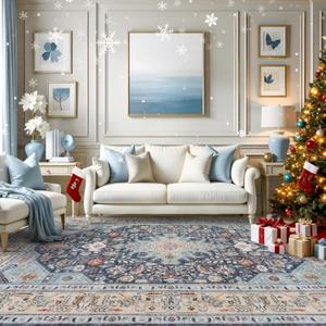 10x14 Area Rugs Living Room: Extra Large Washable Area Rug Super Soft Distressed Oriental Rugs with Non-Slip Backing Farmhouse Rug Low Pile Thin Stain Resistant Indoor Carpets 10'x14' Blue/Multi