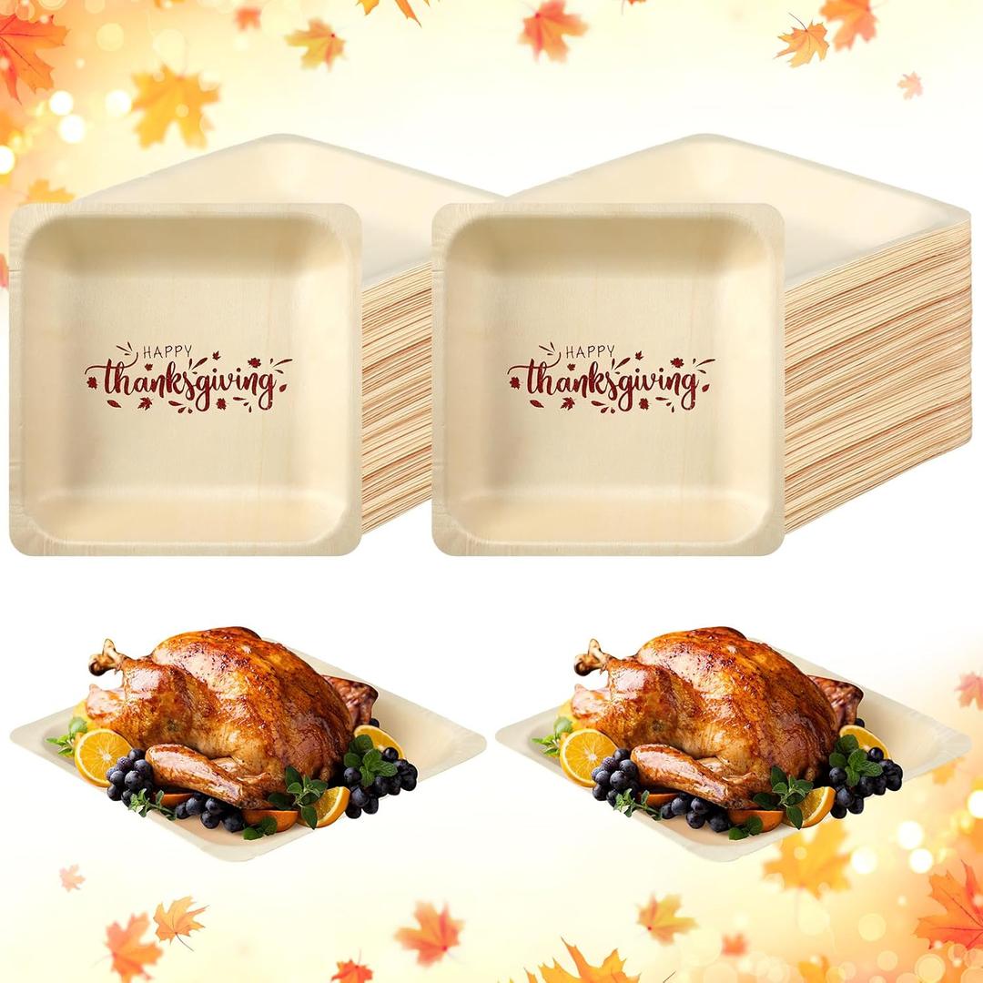 Yaomiao 50 Pcs 7 Inch Thanksgiving Wood Disposable Plates Happy Thanksgiving Print Natural Square Disposable Wooden Plate Rectangle Plates Tableware for Appetizer Salad Dessert Wedding Party Events