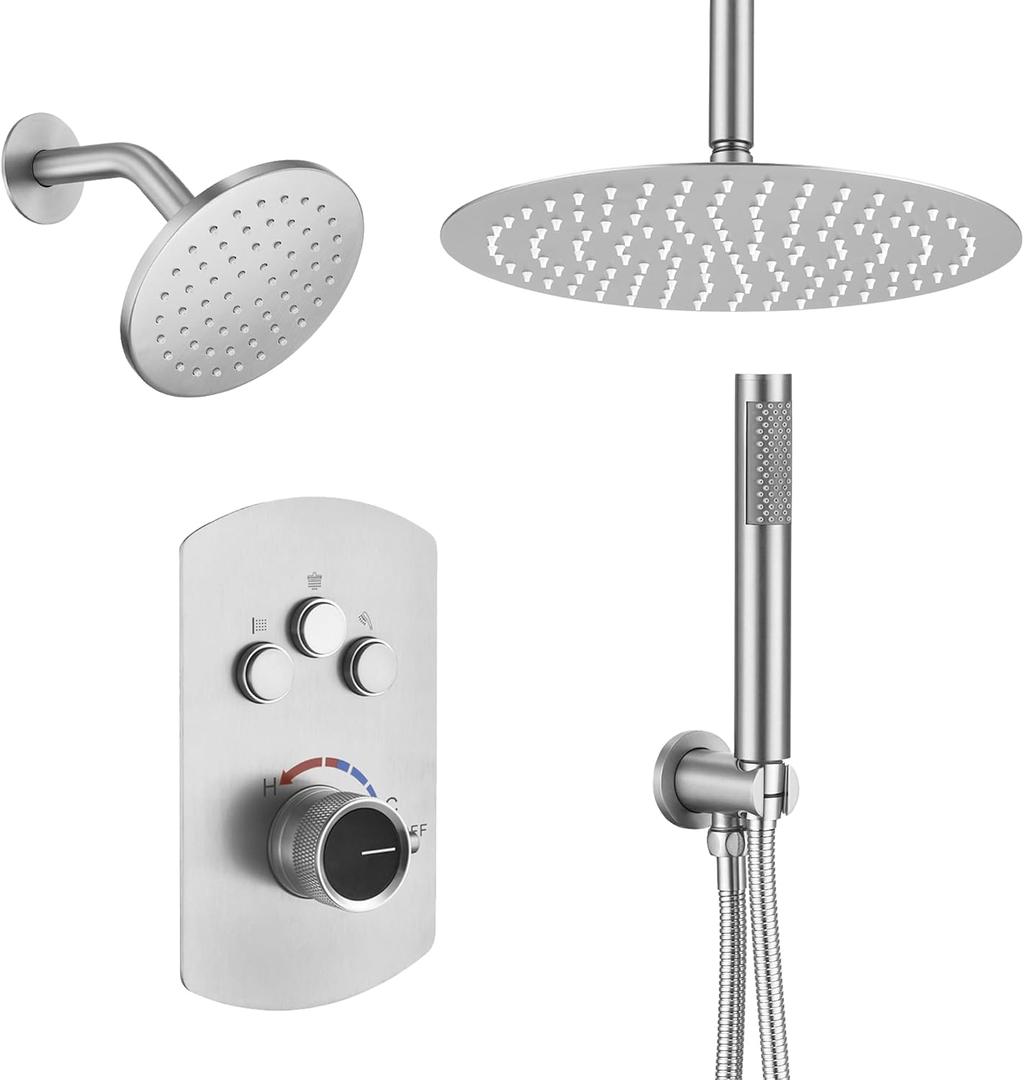 MONDAWE 12 Inch Ceiling Mounted Shower System in Brushed Nickel, 3-Function Shower Faucet Set with Rainfall Dual Shower Head and High Pressure Handheld Spray, All Function Can be Used At the Same Time
