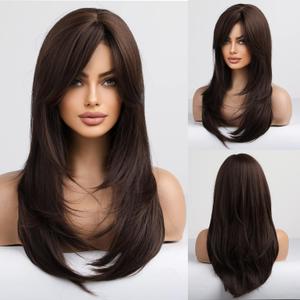 HAIRCUBE Long Layered Synthetic Hair Wigs for Women with Bang(Dark Brown)