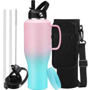 40 oz Insulated Water-Bottle that fits in Cup Holder - Straw & Chug Lid, Cold 48h/Hot 24h, Travel Coffee Tumblers with Handle & Strap Carrier Bag & Protective Boot, Leak Proof Metal Flask Cup (Pink&Green)
