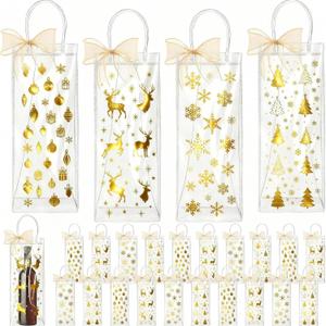 Henoyso 24 Pcs Gold Foil Christmas Wine Gift Bags Bulk Holiday Wine Bottle Covers, Christmas Clear Gift Bags with Handles and Bow Ribbon for Xmas Wedding Engagements Party, 13 x 5 x 4 Inches