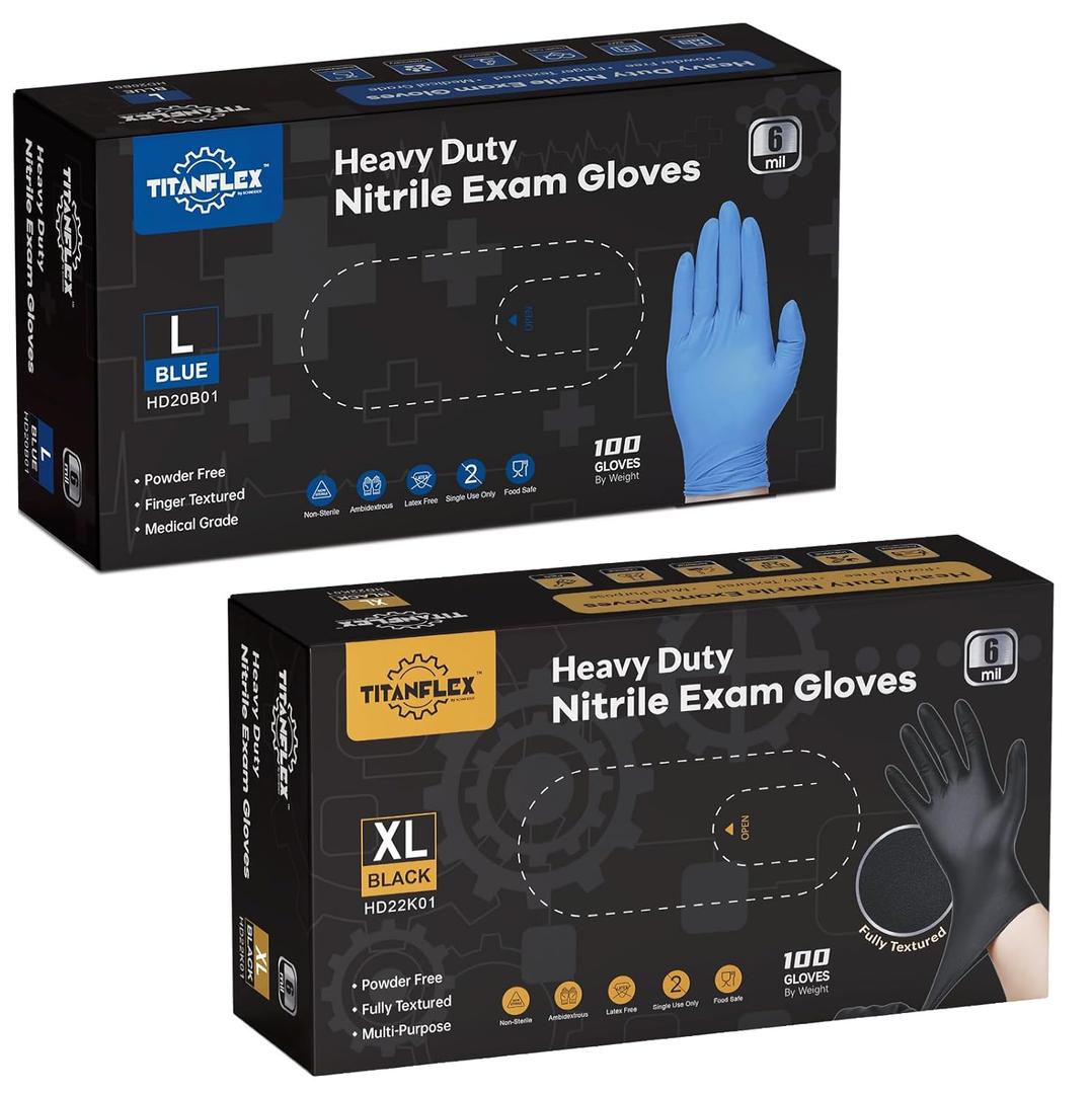 TitanFlex Nitrile Exam Gloves, Blue, 6mil, Large, Box of 100, Heavy Duty Nitrile Gloves Disposable Latex Free, Powder Free, Medical Gloves, Cooking Gloves, Mechanic Gloves, Cleaning Gloves