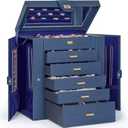AKOZLIN Extra Large 6-Tier Jewelry Box Organizer Functional Huge, 5 Drawers Leather Jewelry Storage Case for Women Girls Ring Necklace Earring Bracelet Holder Organizer with Mirror Blue