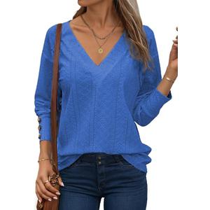 Dokotoo Womens Tops V-Neck Long Sleeve Shirts Tops Dressy Casual Blouses Fall Outfits Clothes 2024, Blue, L