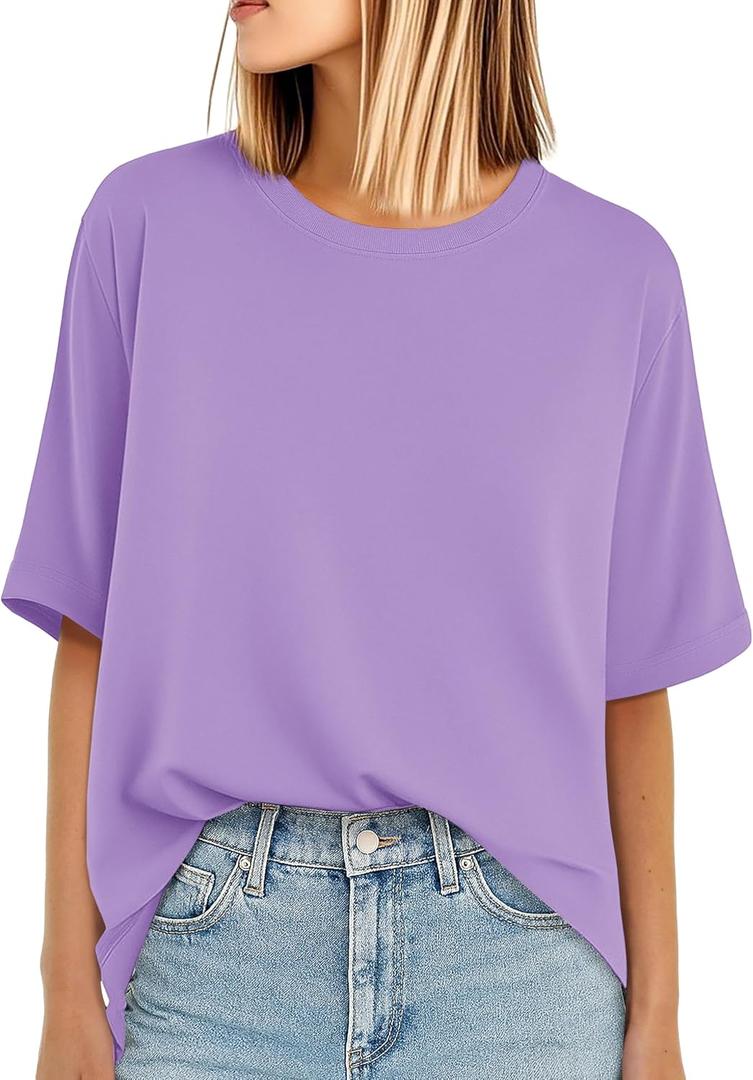 YUCOLEN Women's T Shirts Oversized Full Cotton Summer Tops Short Sleeve Crewneck Casual Loose Fit Basic Tee Shirts (Black, S)