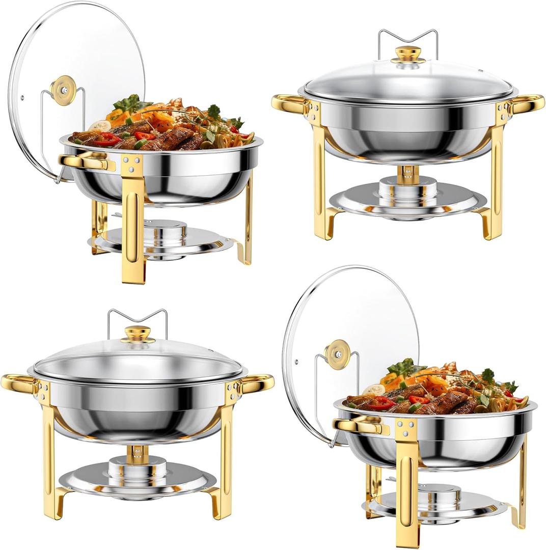 Chafing Dishes for Buffet Set: 100% Pre-Installed Chafers for Catering - Round Chafing Dish Buffet Set with Lids | Chafers and Buffet Warmers Sets | Serving Food Warmer | Chafers Servers Sets (Pack of 4)