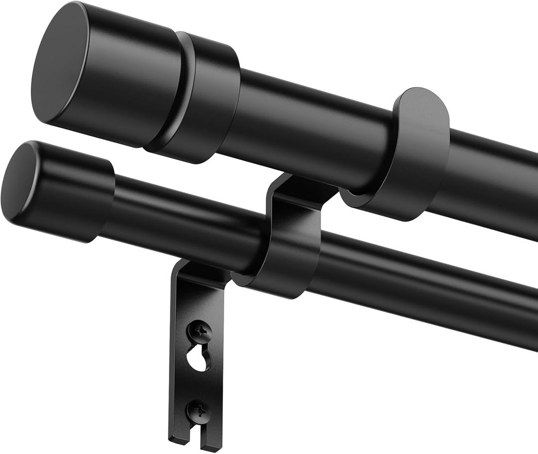 Double Curtain Rod for Windows 32"-75" 1 Inch Heavy Duty Decorative Drapery Rod with 5/8 Inch Adjustable Small Black Curtain Rods for Living Room Bedroom(32"-75")
