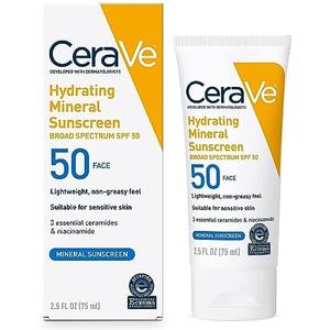 CeraVe 100% Mineral Sunscreen SPF 50, Face sunscreen With Zinc Oxide & Titanium Dioxide, Hyaluronic Acid + Niacinamide + Ceramides, Oil Free, Travel Size 2.5 oz