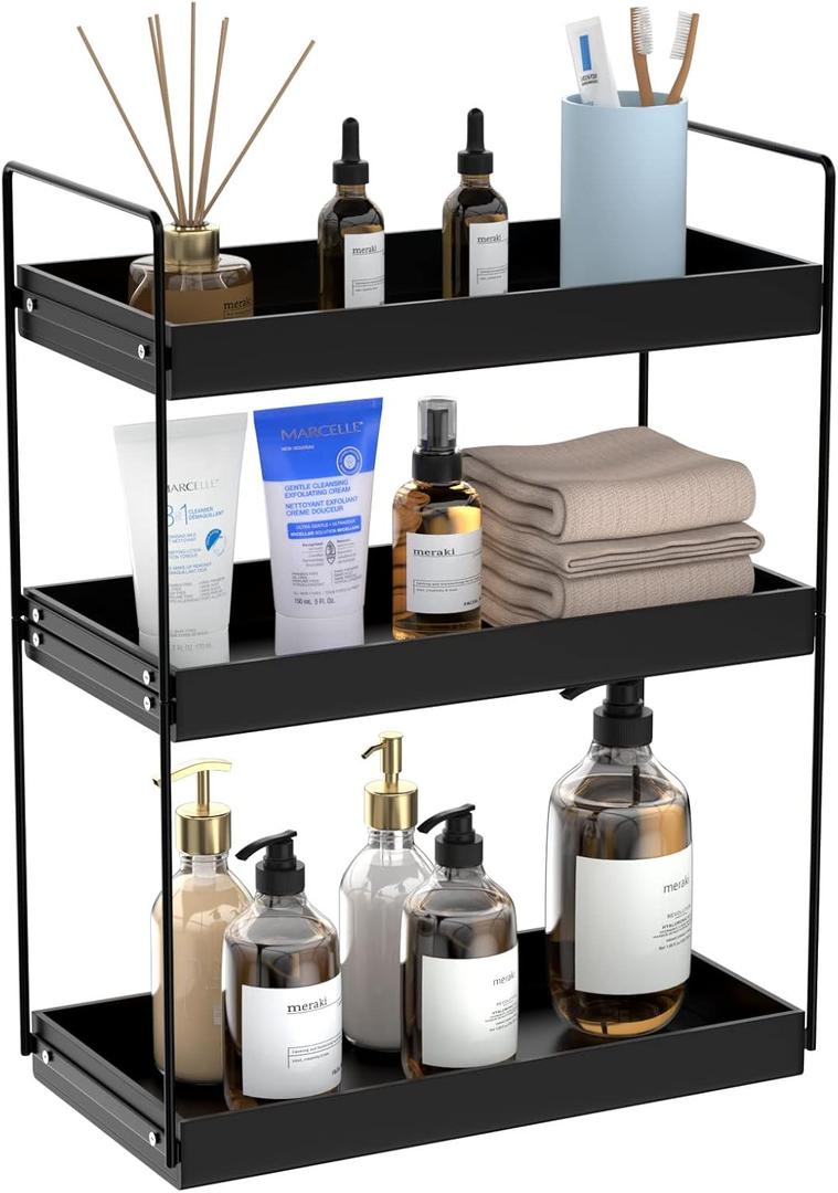 Bathroom Countertop Organizer, 3 Tier Metal Vanity Counter Skincare Shelf, Matte Black Under Sink Standing Rack With Acrylic Tray, Home Storage Holder For Lotion Makeup Cosmetics Perfume Spice
