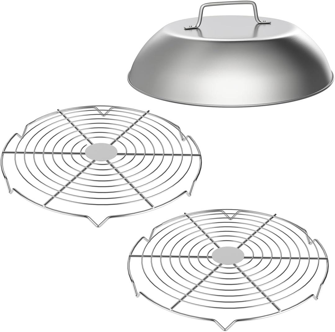 SafBbcue 3 Sets Flat top Grill Accessories 12" Round Melting Dome Wire Rack for Blackstone for Big Green Egg for Nexgrill for Camp Chef Grills, Stainless Steel Dome Cover & Grill Rack