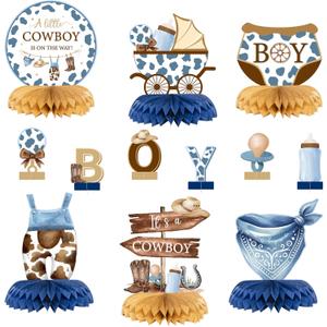 ANGOLIO 12P Western Cowboy Baby Shower Party Honeycomb Centerpieces Summer A Little Cowboy Is On The Way Boy Table Decor It's A Boy Baby Shower Party Decor for Gender Reveal Birthday Baptism Supplies
