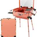 Aluminum Trolley Makeup Train Case with Led Light Rolling Makeup Case with Legs Suitcase Vanity with Lights with Stand Mirror Makeup Vanity Station (24 in, Golden)