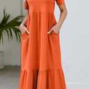 Summer Dresses for Women Flowy Maxi Sundress Short Sleeve Tiered Beach Dress with Pockets 2026 Vacation Travel (Orange, Large)