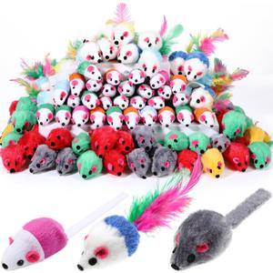Sosation 100 Pcs Fur Cat Mouse Toys Assorted Interactive Cat Toys Rattle Sound Mice for Kitten Catch Play Indoor Interactive