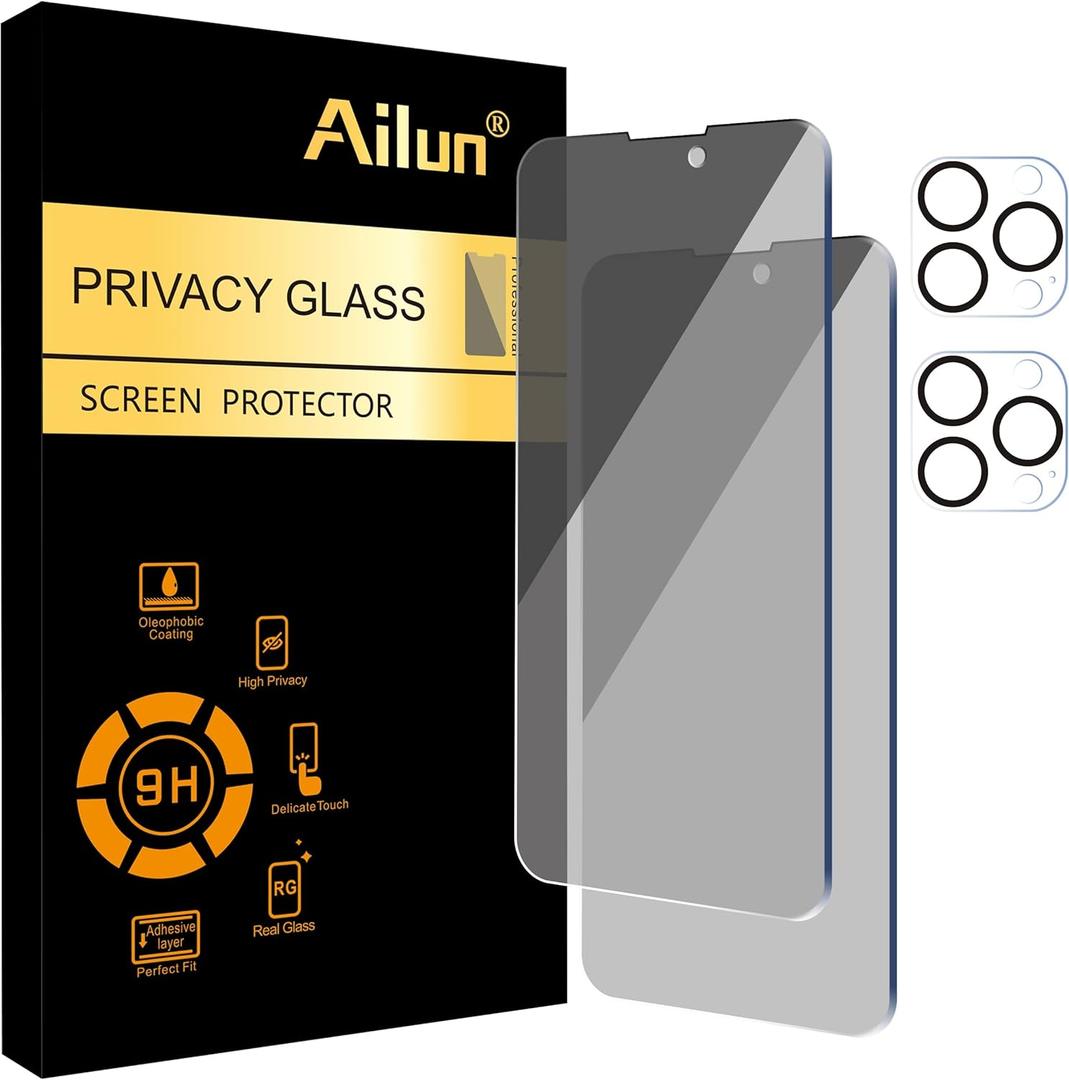 Ailun 2Pack Privacy Screen Protector Compatible for iPhone 14 Pro Max [6.7 inch] + 2 Pack Camera Lens Protector, Anti Spy Private Tempered Glass Film, Case Friendly, [9H Hardness]  HD