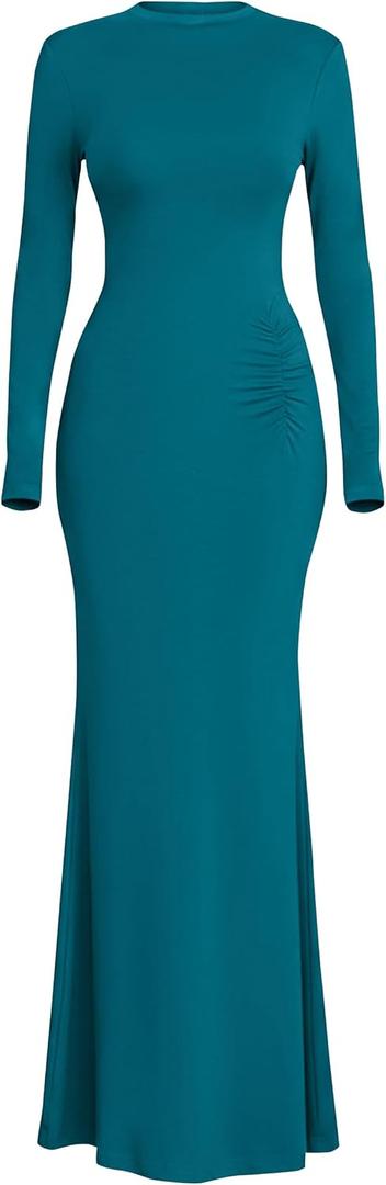 PRETTYGARDEN Fall Dresses for Women 2026 Long Sleeve Bodycon Mock Neck Ruched Maxi Formal Cocktail Wedding Guest Dress (Blue, XL)