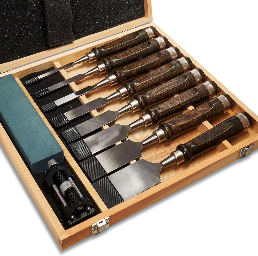 SELFIE CAT 10 Piece Wood Chisel Set for Woodworking Tools Wood Carving Tools with Wooden Case and Sharpening Stones Wood Carving Kit for Beginners and Professionals Black Walnut