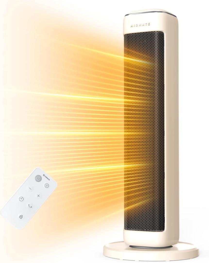 25" Space Heaters For Indoor Use Large Room, Electric Heaters For Indoor Use with Thermostat, Oscillating Room Heaters with Timer, Remote Control, Overheat Protection Tower Heater for Bedroom (Beige)