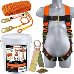 Safety Harness Fall Protection Kit - Roofing Harnesses 50ft Safety Rope Lanyard Kit 5 Gallon Bucket Kit Roof Top Anchor Construction Work 20pcs Nails Included