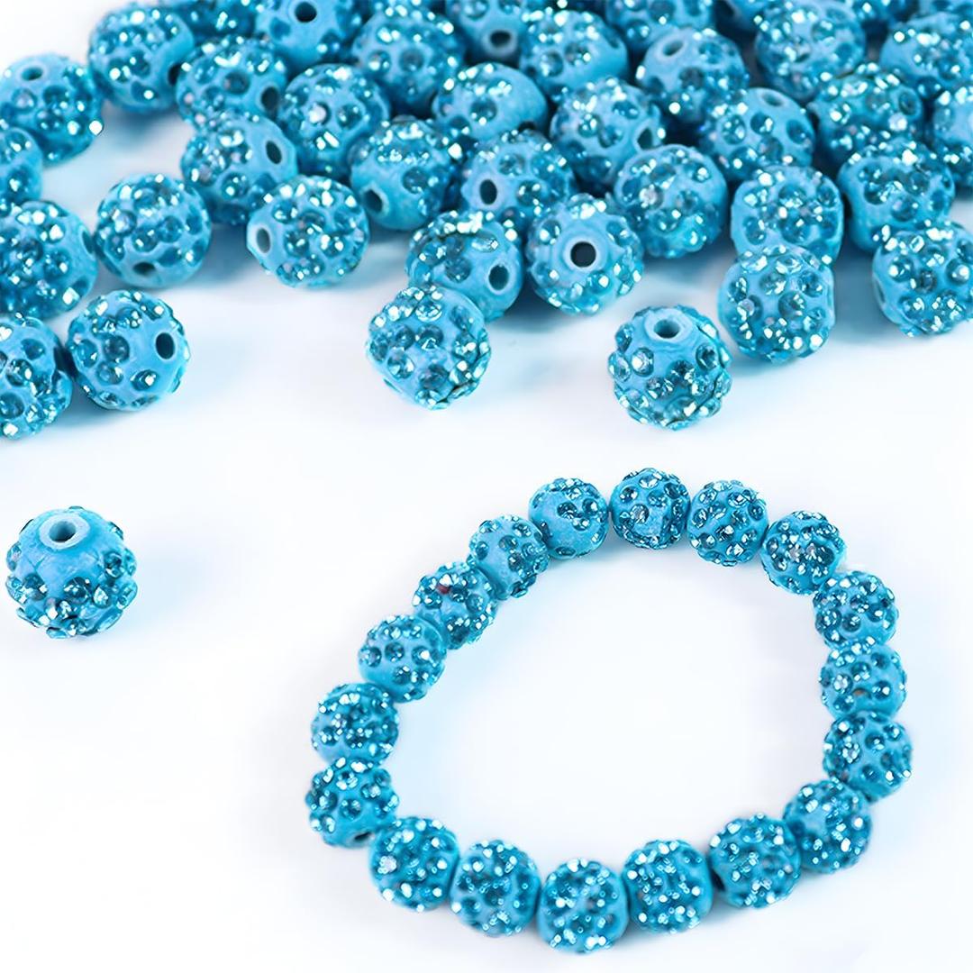 100PCS 10mm Rhinestone Beads, Aquamarine Shiny Round Disco Ball Beads, Rhinestone Clay Beads, Sparkle Crystal Clay Bead for Necklace Bracelet Earring Jewelry Making and DIY Decoration(Blue)