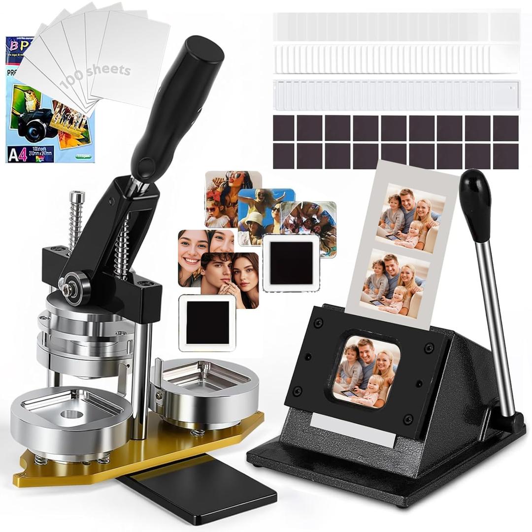 2x2in Square Photo Fridge Magnet Maker Machine Kit, DIY Magnet Button Press Machine+Paper Cutter+100pcs Consumables, Custom Magnet Button & Badges