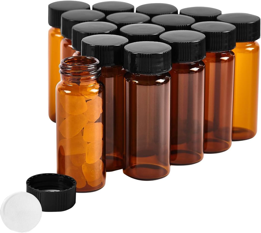 QOAEZK 15 PCS 4ML Amber Small Liquid Sample Glass Vials with Screw Caps,1Dram 15x45mm Leak-Proof Vial, 13-425 Black Screw Cap with PE Liners for Lab, Essential Oil, Perfume, Reagents