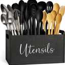 Kitchen Utensil Holder for Countertop  Black Wood 3-Compartment Utensil Organizer & Caddy with Drain Holes, Farmhouse Countertop Storage for Spatulas, Spoons, Tongs, Whisks (11.8x4.7x6.7)