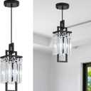 Modern Black Pendant Light Fixtures for Kitchen Island and Dining Room, Industrial Small Hanging Crystal Chandelier Light Fixture for Bedroom Entryway Living Room Foyer Hallway 1-Pack