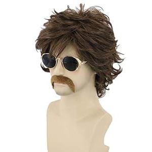 LeMarnia 70s Men's Wig Set Rockstar Hippie Wig for Men Retro Shaggy Brown Wig with Fake Mustache 70s Disco Costume