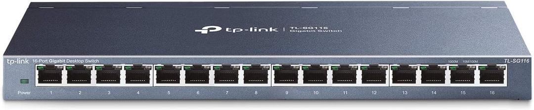 TP-Link 16 Port Gigabit Ethernet Network Switch, Desktop/ Wall-Mount, Fanless, Sturdy Metal w/ Shielded Ports, Traffic Optimization, Unmanaged (TL-SG116)