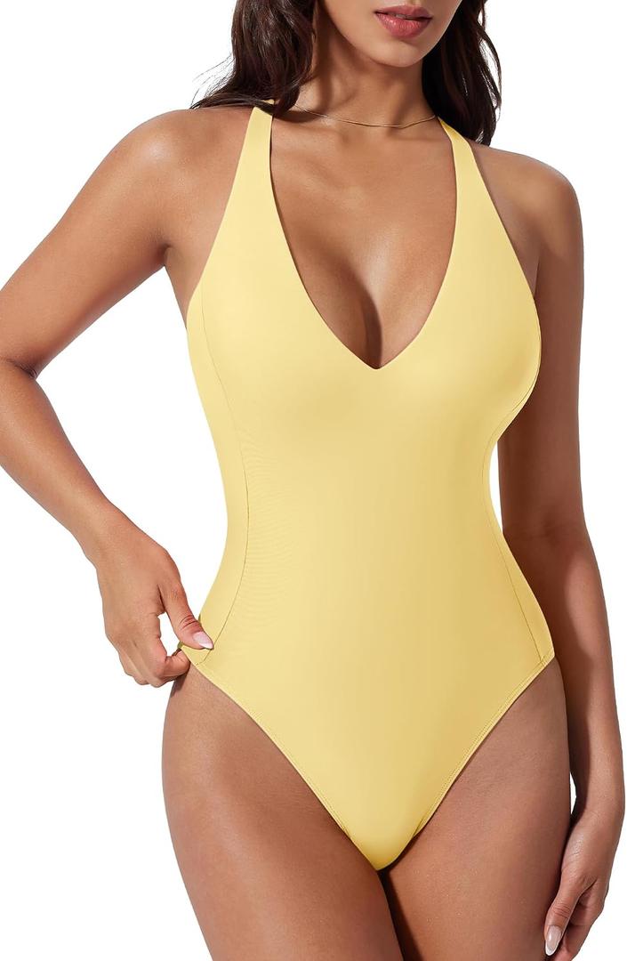 SUUKSESS Women Sexy Low Back One Piece Swimsuit Slimming Tummy Control Bathing Suit (Yellow, S)