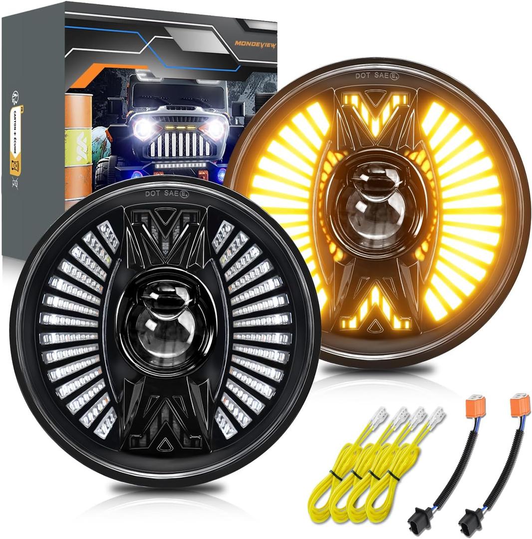 MONDEVIEW 7 Inch LED Headlight Round H6024 High Low Beam, Turn Signal DRL Compatible with Jeep Wrangler Chevy Ford Nissan Hummer, 2 Pack