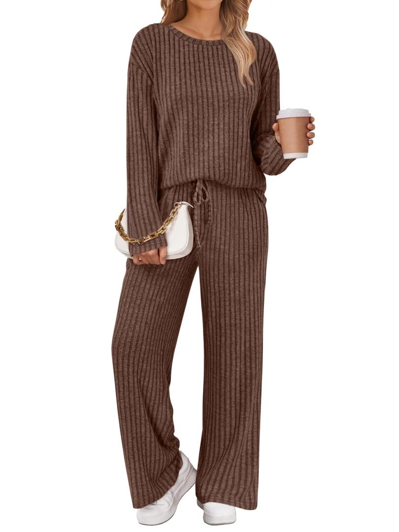 LILLUSORY Womens Lounge Sets 2 Piece Matching Pajamas Fall Fashion 2026 Ribbed Knit Outfits Long Sleeve Casual Sweatsuits Trendy Plus Size Sweaters Cute Sleep Wears Travel Soft Clothes CoffeeBrown XL