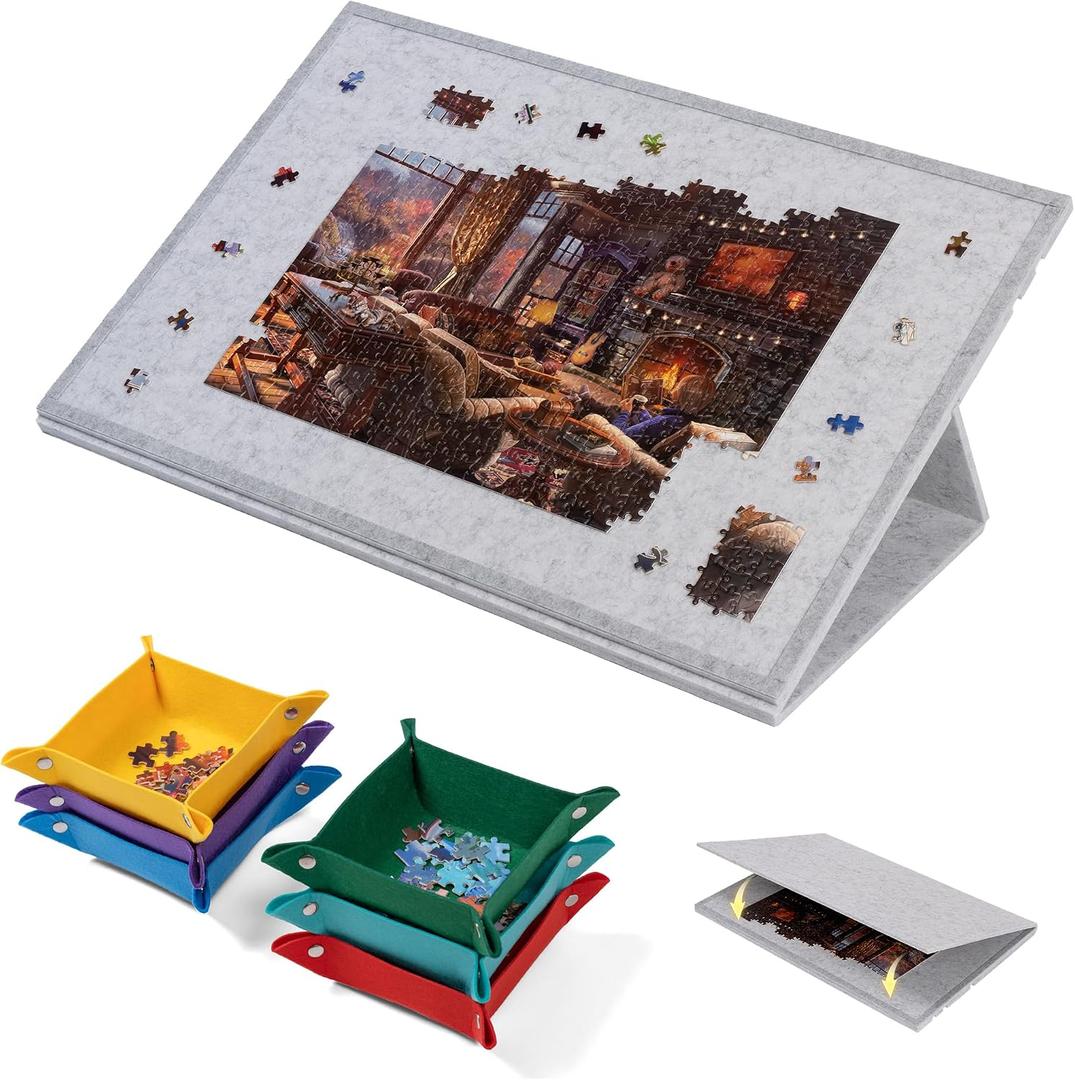 Lavievert 1000 Piece Tilting Puzzle Board with 2-in-1 Stand & Cover, Adjustable Felt Mat Plateau with 6 Colored Sorting Trays, Lightweight Portable Jigsaw Puzzle Table with Non-Slip Surface for Adults