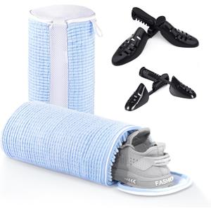 Shoe Washing Machine Bags, Reusable Laundry Bag for Washer and Dryer, Durable Fluffy Fiber Keep Clean, 2 Pairs Adjustable Trees for All Shoes, Blue