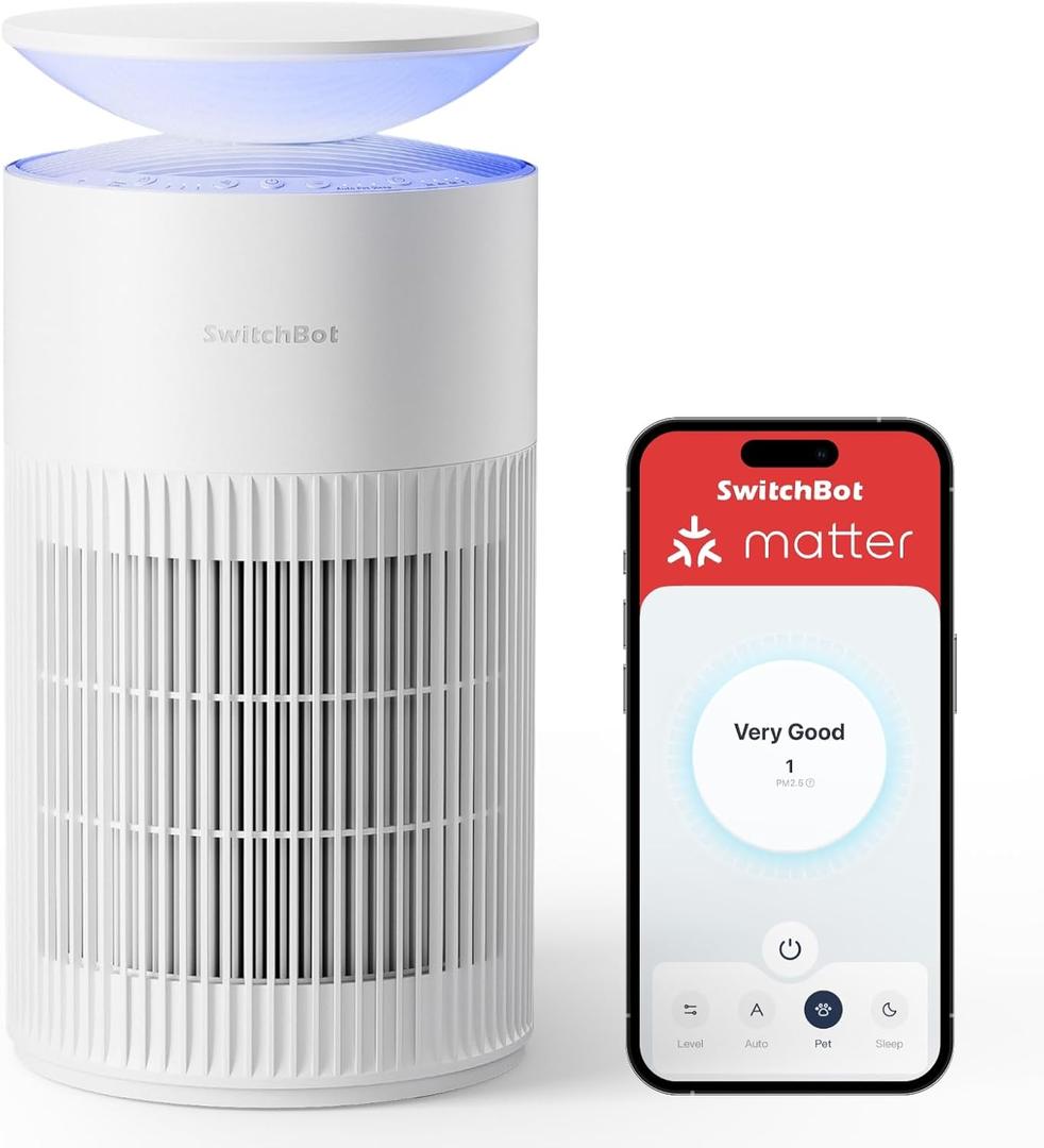 SwitchBot Air Purifiers for Home Large Room with Matter Up to 3620 ft, 20dB, Washable Pre-filter, Pet Mode, 10 RGB Colors, Aromatherapy, Work with Apple Home, Google Home, HomeAssistant (White)