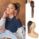 Oseti Short Curly Hair Extensions Spiral Curl Drawstring Ponytail for Black Women 14inch Ombre Brown Blonde Ponytail Extension Ringlet T4/30# Pony Tails Clip in Synthetic Hairpieces for Women