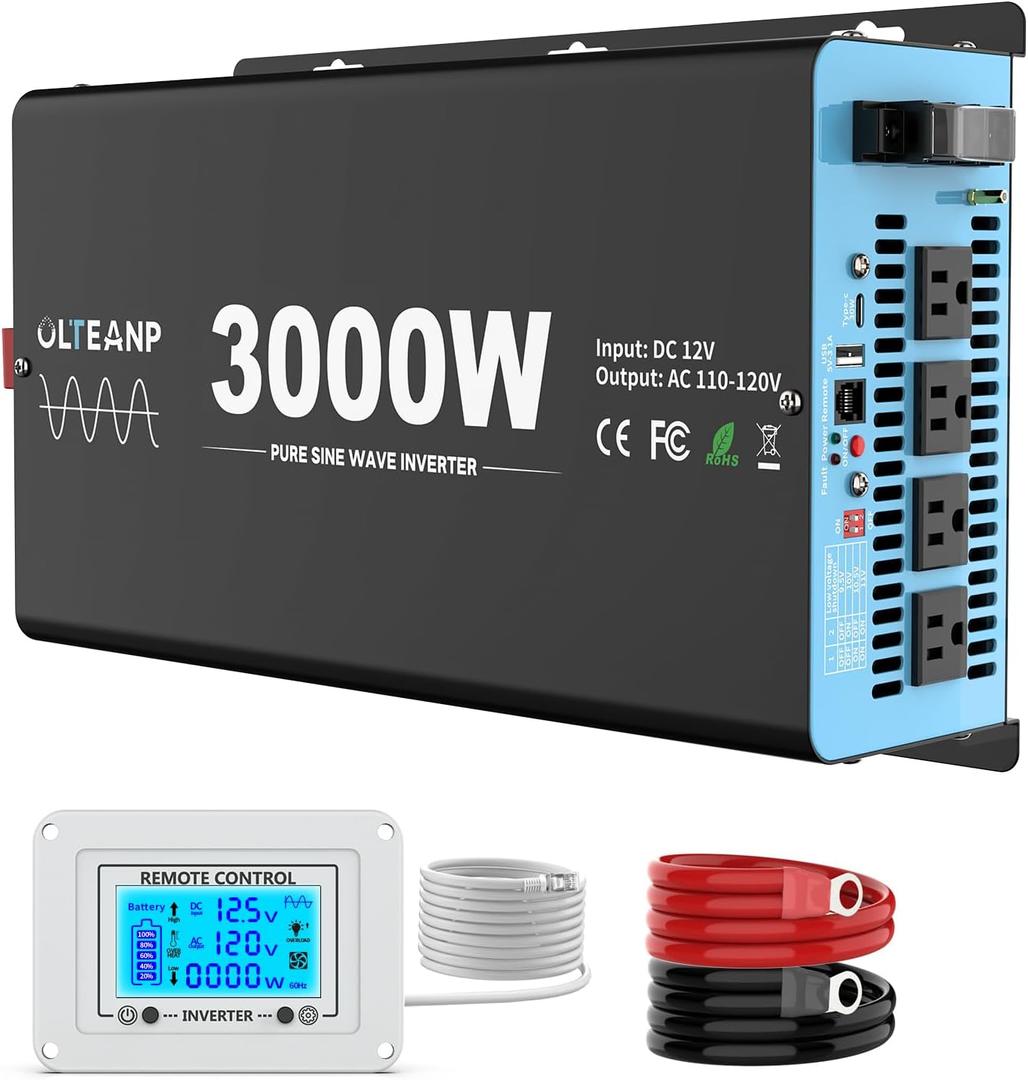 3000 Watts Pure Sine Wave Inverter 12V DC to 110V AC, 6000W Peak Power, 4 AC Outlets, USB & 30W Type-C, Adjustable Input for Lithium Battery, RV/Truck/Boat/Solar Backup with LCD Remote Controller (Blue)