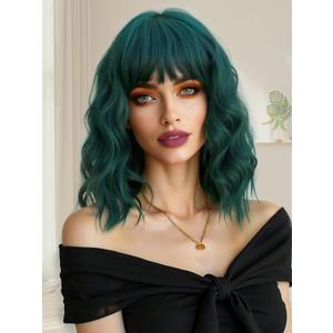 Mairead Dark Green Wig With Bangs Short Wavy Curly Bob Wig With Bangs Color Dark Green Wigs For Women Synthetic Heat Resistant Wigs for Halloween Costumes Cosplay Daily (Body)