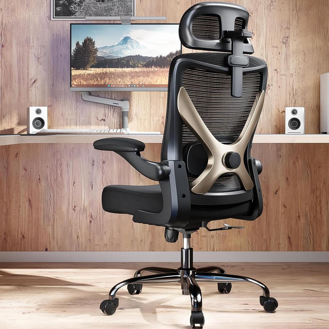 Ergonomic Office Chair-Mesh Computer Desk Chair Comfy, High-Back Gaming Chairs with 3D Headrest & Lumbar Support, Executive Task Chair for Adults, Comfortable for Long Hours (Black Gold)